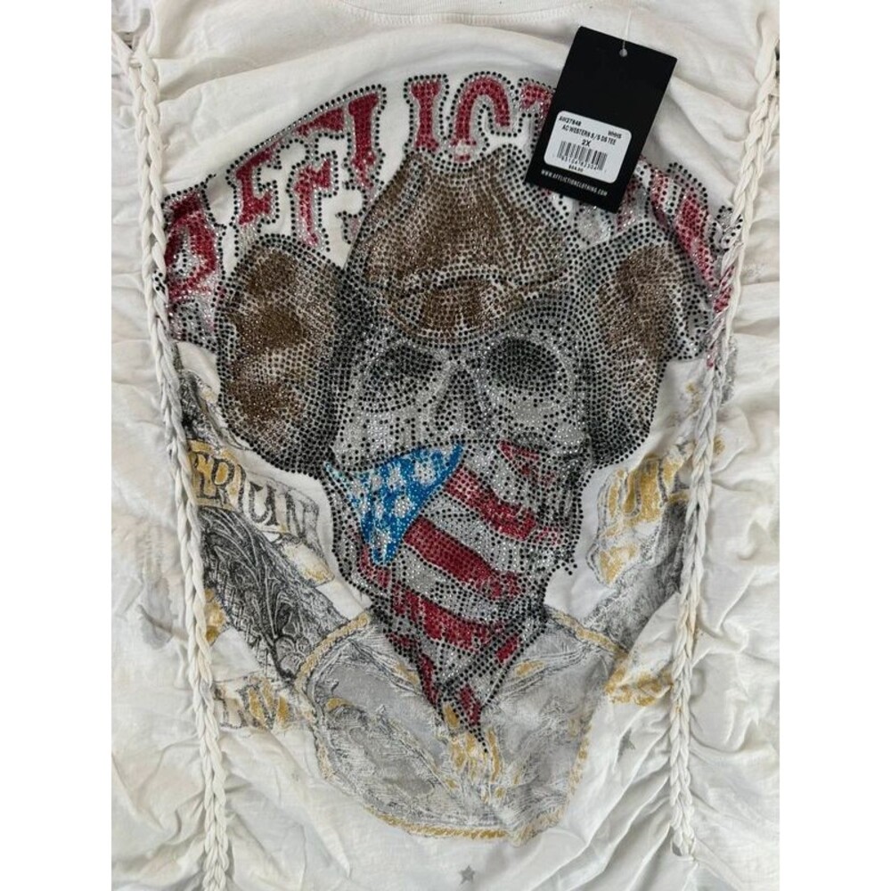 Affliction Rhinestone Western Skeleton Top Plus Sz 2X Braided Tee Cowgirl Rodeo - Picture 2 of 14
